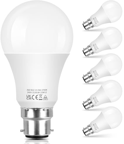 Nottac Bayonet Light Bulb 100W Equivalent, Energy Saving B22 LED Bulbs, Warm White 2700K, 13.5W 1520 Lumens Light Bulb, Non-Dimmable, Super Bright BC GLS Light Bulbs, 6-Pack
