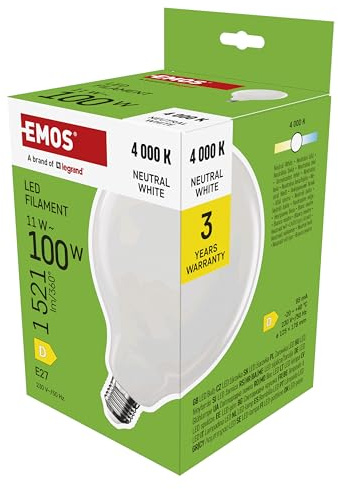 EMOS LED-lampa Edison G125, 11 W ersättning för 100 W glödlampa, mjölkglödlampa, glob med E27-sockel och ljusstyrka 1521 lm, neutral vit 4000 K, 25 000 timmars livslängd, CRI > 80, 360° strålvinkel