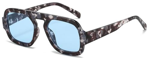YAMEIZE Retro fyrkantiga pilotsolglasögon dam - herr vintage 70-tal klassiska glasögon UV400 skydd, Leopard blå, Taglia unica
