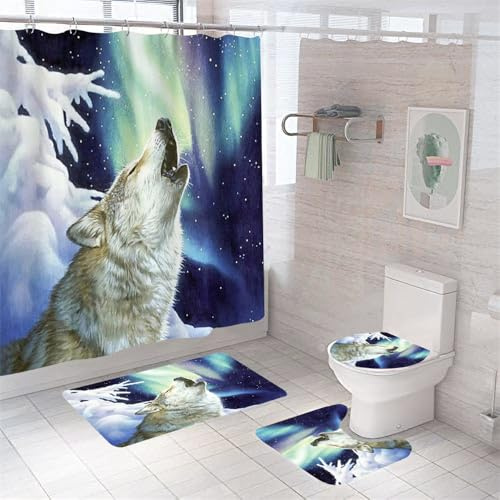 Badezimmerteppich Weißer Wolf Badteppich rutschfest Waschbar Badgarnitur 3 Teilig – Badematte Set Mit Wc-Vorleger Und Badematte,Teppich Badezimmer Für Sicherheit Und Komfort Im Bad 50×80Cm