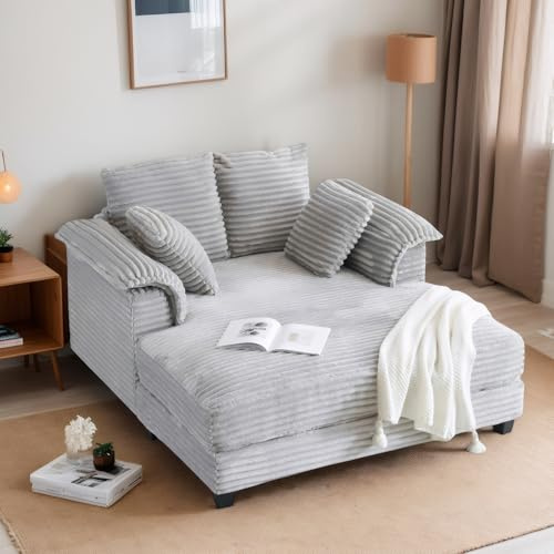 VINGLI 56 Oversized Chaise Lounge Chair, Light Grey Comfy Corduroy Chaise Sofa Recliner Bed Upholstered Sleeper Couch Bed with Throw Pillows and Armrests for Living Room, Movie Room, Bedroom
