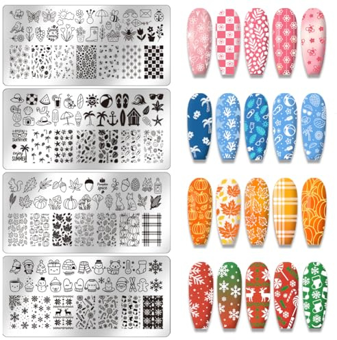 PH PandaHall 4pcs Season Nail Stamping Plate, Spring Summer Art Templates Fall Winter Nail Art Stencils Stainless Steel Image Plates Tool for Women Print Manicures Salon Design Supplies