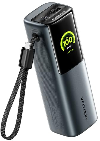 VENTION Power Bank 20000mAh 165W, batería externa carga rápida Con pantalla digital y Emoji, Cable USB-C integrado, 2×100W USB-C + USB-A, para MacBook Pro, iPad, Dell/HP, iPhone 17/16/15, Galaxy