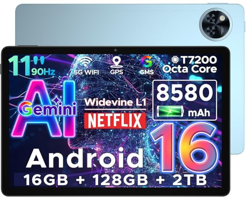 DOOGEE U11 Android 16 Tablet 11 Pulgadas, 16GB RAM+128GB ROM/2TB TF Tableta para Niños, Batería 8580 mAh, HD 90Hz, 13MP+5 MP/WiFi 5G/Face ID/Widevine L1/GMS/GPS/OTG/Audio 3.5mm Jack Tablets Gaming