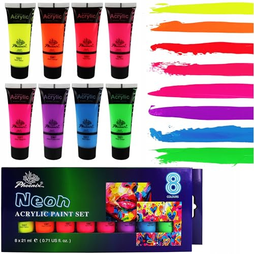 Generisch Acrylfarben Set Neon 8x21 ml – Leuchtende Farben für Papier, Leinwand, Holz & mehr – Phoenix Künstlerfarben Neon Gelb, Pink, Orange, Blau, Grün – Für Kinder & Erwachsene, DIY & Schule
