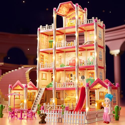 Maison de poupée de Luxe à 5 étages et 14 pièces pour Fille, château Princesse à Monter soi-même avec poupée, Chiot, Meubles et Accessoires. Jouets Noël rêve pour Enfants 3 Ans Plus