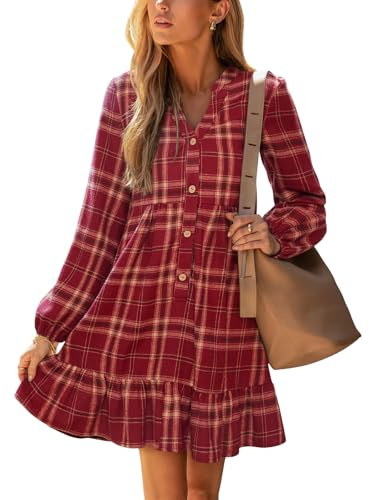 CUPSHE Women Casual Dress Plaid Ruffle Hem V Neck Long Sleeve Button Holiday Tunic Mini Dress Red M