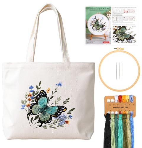 JSRQT Kit per Borsa in Tela Ricamo Farfalla, Set per Principianti Adulti Punto Croce Floreale Stampato, Ricamo Starter Kit a Mano Fai da Te per Amanti del Cucito Creativo, con Istruzioni, Ago e Filo