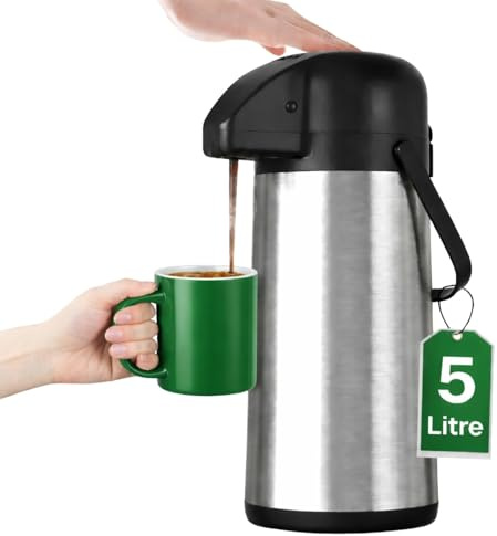 Hot Water Dispenser 5 Litre Thermal Pump Action Flask Carafe, Non Electric Stainless Steel Hot Water Dispenser for Tea & Coffee, Insulated Hot Drinks Dispenser for Catering, Events & Office Use