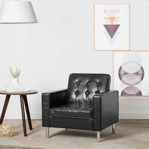 mtlskopl Poltrona Chesterfield in similpelle nera, 75 x 70 x 75 cm, con bottoni e braccioli larghi, telaio in MDF resistente, gambe in acciaio, per soggiorno, camera da letto, ufficio