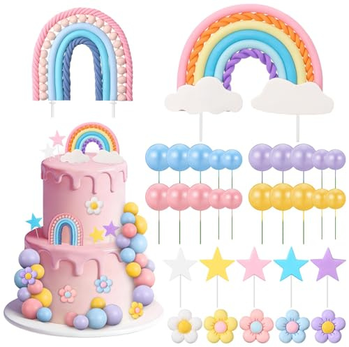 Tazuxetuqe 32 piezas decoraciones de pasteles arcoíris con flores estrellas puntas de magdalena bolas pasteles adornos, boho fiesta de cumpleaños nupcias