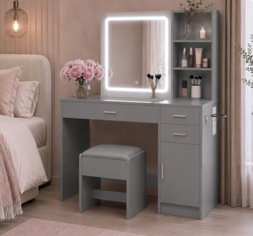 Vida Designs Clova 3 Drawer 1 Door LED Dressing Table Set | Grey | 140H x 115W x 40D cm | Built-In Power Outlet and USB Ports | Includes Stool and Mirror | Space-Saving | Full Makeup Vanity Desk Set