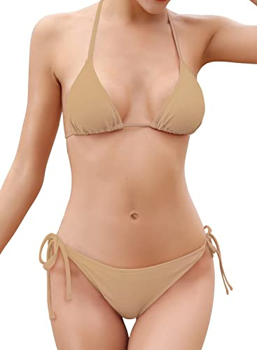 SHEKINI Sexy Halterneck Triangolo Brasiliana Bikini Donna Push-Up Costumi da Bagno Donna Due Pezzi Beachwear Donna Mare e Piscina (Small, Colore della Pelle)