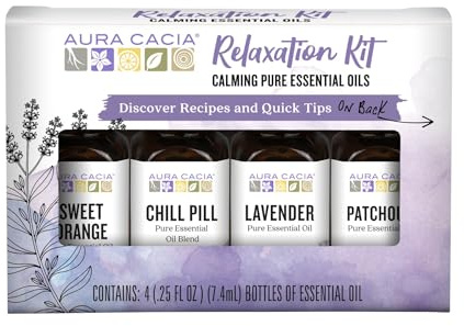 Aura Cacia Essential Oil Relaxation Kit, 4-Pack, Lavender, Patchouli, Sweet Orange, Chill Pill