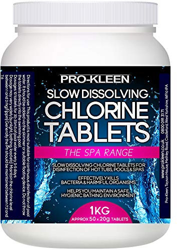 Pro-Kleen 20g Stabilised Slow Dissolving Chlorine Tablets - Disinfects Pool Water to Remove Germs and Bacteria - Suitable for all Pools, Hot Tubs and Spas (1KG)