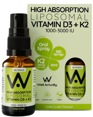 WELL ACTUALLY Liposomal Vitamin D3 + K2 Spray - High Absorption Vegan Vitamin D 2000 IU & Vitamin K2-7 100mcg as Menaquinone-7 MK-7 - Extra Bioavailability - Lime Crush (180 Sprays)