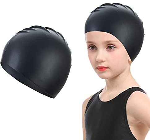 Doovid Kids Swimming Cap for Boys Girls Toddler Swim Caps Waterproof Silicone Swim Cap Bathing Caps Age 3-8 Black One Size