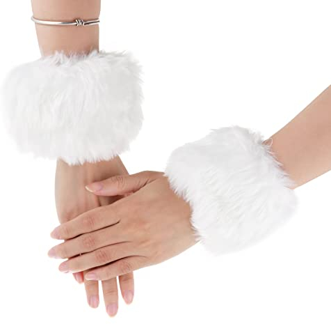 Yolev 1 Paar Pulswärmer Kunstpelz Armstulpen Warmers Handgelenk Manschetten für Damen Mädchen Winter Weihnachts Dekoration (Weiß)