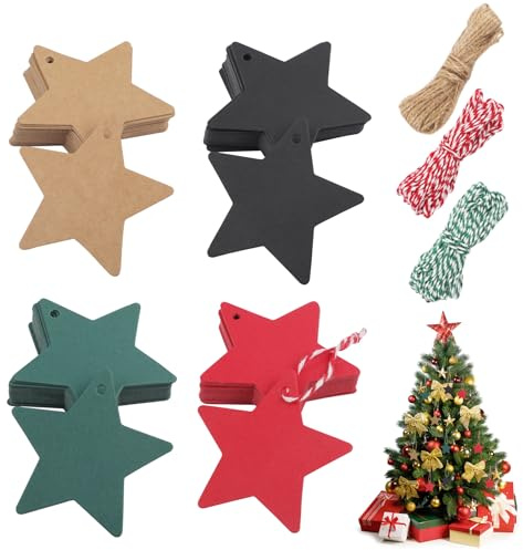 160Pcs Gift Tags, Christmas Labels with String, Handmade Labels, Price Tags, Star Brown Kraft Tags for Gift Wrapping, DIY Crafts