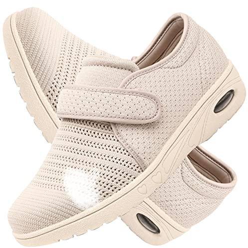 AEHO Chaussures diabétiques Femmes Extra Larges Ajustable Chaussures pour Diabétiques Pieds Gonflés ½dème Antidérapant Chaussons Orthopédique Chaussures Respirant Réglables,Beige,40 EU