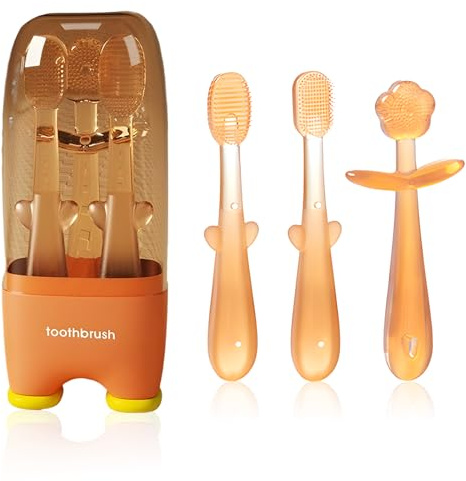 AUSYIWI 3 baby-tandborste silikon, 0–18 månader silikon baby tandborste | tandborste, tungborste, bitskena | BPA-fri (orange)
