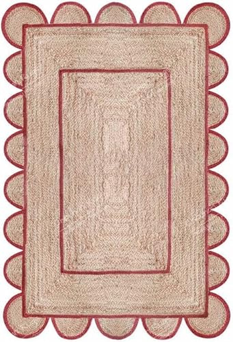 Jaipur Weaver Group Natural Jute Scalloped Rug Scalloped Braided Boho Rugs Handwoven Bohemian Rug for Farmhouse & Home Decor (Red - 5'x7')