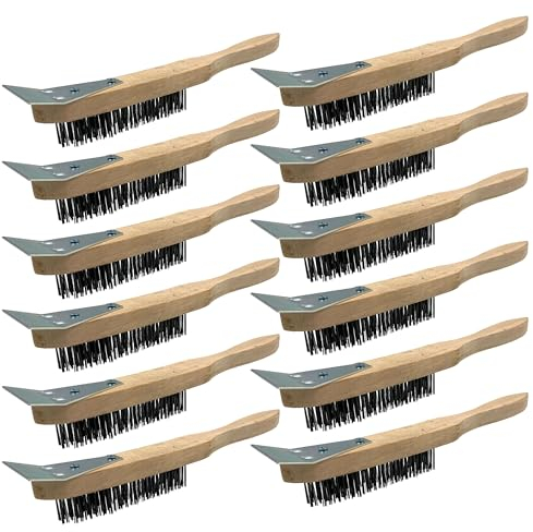 Wooden Wire Brush Set - Multipurpose Wire Brushes for Cleaning with Metal Scraper and Easy to Grip Handle − Rust Remover for Metal and Heavy Dirt Cleaning - Pack of 12