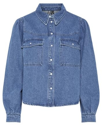 PIECES Pcpaula LS Short Camiseta Blusa de Manga Larga, Medio De Mezclilla Azul, XS Mujeres