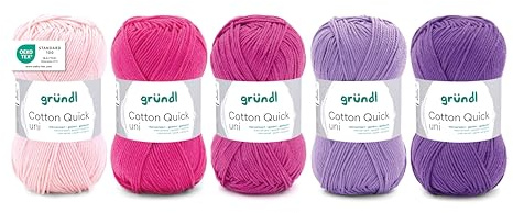 Gründl Wolle Cotton Quick Uni - Ovillo de lana para tejer y hacer ganchillo, 100% algodón, 5 ovillos de 50 g/125 m, hilo de algodón, color rosa, rosa y morado