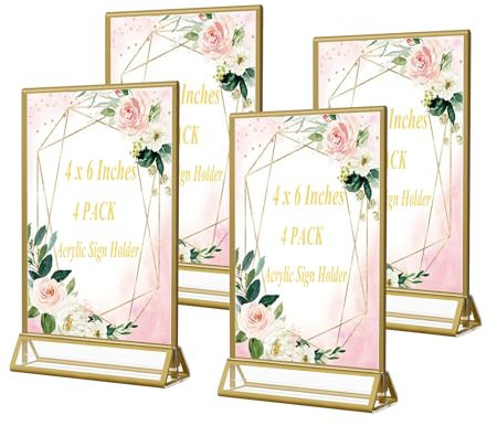 EKINIYAR 4x6 Acrylic Sign Holders 4 Pack Gold Table Number Holder for Wedding Picture Frame Stand Double Sided Table Menu Stands with Vertical Stand, Photos and Art Display