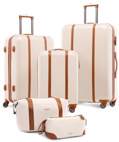 FERGÉ Valises Ensemble de valises rigides 3 pièces Milano Set de trolleys - Bagage à main 55 cm, L et XL Valises rigides à roulettes 4 roulettes 100% ABS, beige/marron, 5er Set