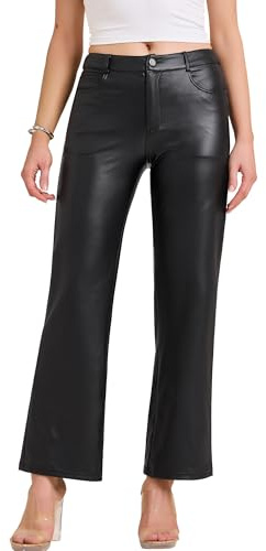 Allegra K Women's Straight Leg Trousers High Waist with Pockets Leather Pants Medium Black