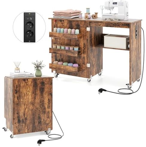 GIANTEX Armario de Costura Plegable con 5 Ruedas, Mesa de Coser con Estación de Carga, 3 Compartimentos y 1 Estante Abierto, para Dormitorio, Salón y Estudio (Marrón, 116x41x78cm)