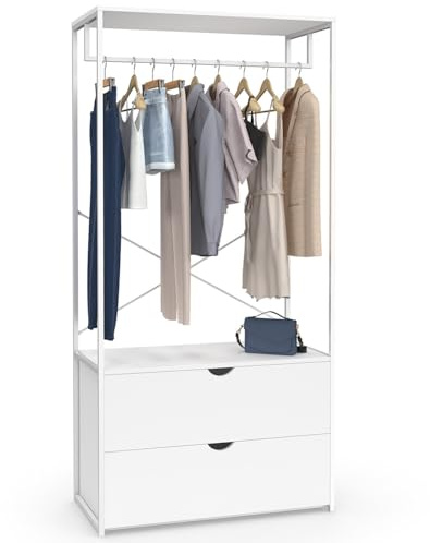 IDMarket - Garderobenschrank mit 2 Schubladen B. 80 cm BROOKLYN weißes Holz und weißes Metall