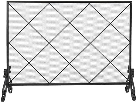 Parascintille per Camino a Pannello Singolo in Ferro, Protezione Antiscintille/parafuoco in Ferro con Griglia Decorativa a Rombi (105x22,5x81,5 cm)(Black)