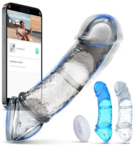 Vibrating Penis Sleeve Sex Toys - Premium Silicone Reusable Extender with 10 Vibration Modes, 3 Sleeves & 2 Adjustable Rings for Added Length & Girth, Long-Lasting/APP Remote Control