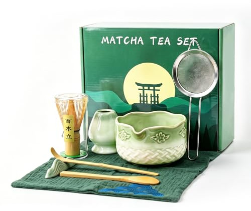 Set completo de Matcha con cuenco, batidor de bambú, tamiz y accesorios – Set de regalo de Matcha japonés para principiantes, kit para ceremonia del té con soporte para batidor, 8 piezas