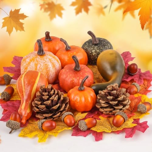 DomeStar Decoraciones de otoño para el hogar, 8 Calabazas Falsas Surtidas | 30 hojas de arce, 10 bellotas y 2 piñas, relleno de cuenco, guirnalda de otoño, corona, manualidades para centros de mesa de