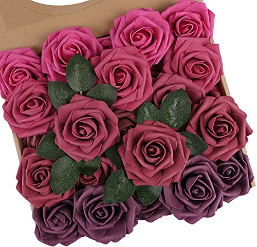 N&T NIETING Artificial Flowers Roses, 25Pcs Real Touch Foam Roses Fake Flowers for Wedding Bridal Bouquets Centerpieces Floral Arrangements Valentine's Day Party Tables Home Decorations (Mixed Red)