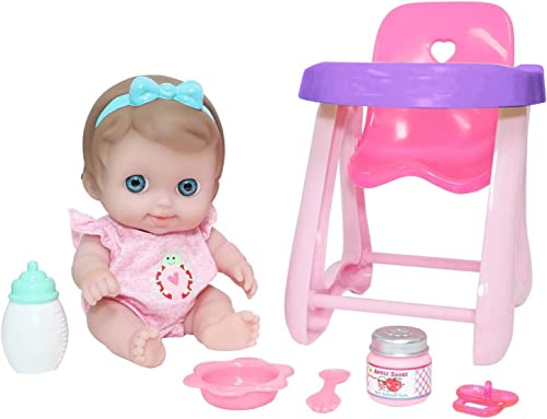Lil Cutesies 9 All Vinyl Baby Doll Feeding Time Gift Set| Posable and Washable | Removable Outfit | High Chair and Feeding Accessories | JC Toys | Ages 2+
