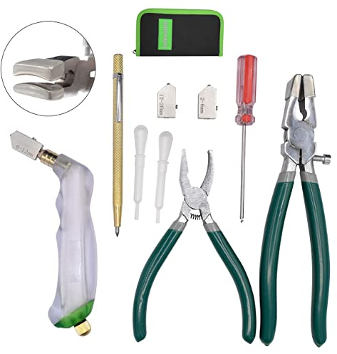 GINWORD 9Pcs Heavy Duty Glass Cutter Tool, Glass Cutting Kit, Glass Running Breaking Pliers, Breaker Grozer Pliers with Curved Jaws,Glass Cutters for Stained Glass, Mosaics, Fusing, Breaking