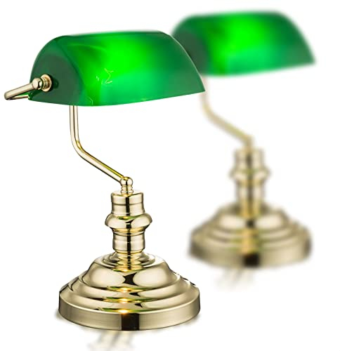 Bankerlampe Grün Messing 2er Set - Grüne Schreibtischlampe Retro Büro - Nachttischlampe mit Grünen Lampenschirm - Tischlampe Bürolampe für Schreibtisch Höhe 36 cm