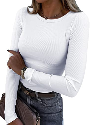 Roselux Womens Long Sleeve Stretch Crewneck Ribbed T-Shirt Fitted Casual Basic Tops(3922,White-S)
