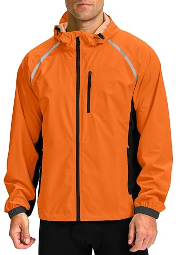 Bikewa Men's Cycling Rain Jackets Waterproof Running Bike Windbreaker Hooded Reflective Biking Windproof Bicycle Riding(Orange/Black,M)