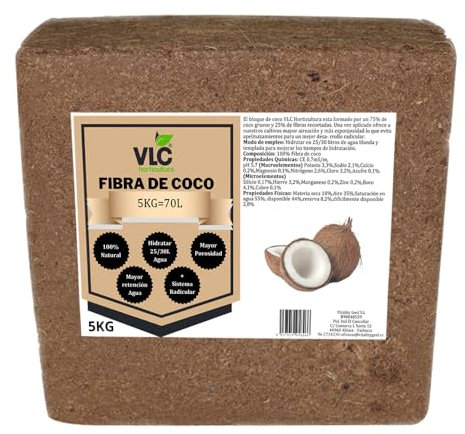 VLC Horticultura Fibra di cocco VLC Orticoltura 5kg (Espande a 70L) - Substrato universale Premium, ideale per terrari, piante, cactus e bonsai - Ricco di nutrienti, 5K70L