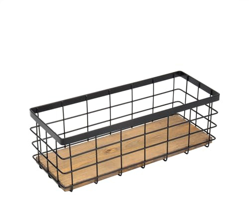 TIEYIPIN Farmhouse Small Metal Wire Storage Basket Bin, Rustic Home Storage Organizer with Wooden Bottom for Kitchen, Cabinets, Bathroom Counter, Pantry, Garage, Laundry Room - Black