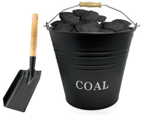 Almineez Large 12L Fireside Coal Bucket With Shovel Wooden Handle Scuttle Hod Coal Fire Wood Burning Stove Bin