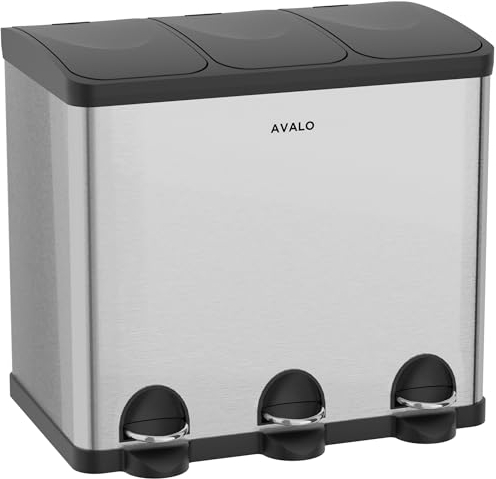 Avalo Poubelle de séparation des déchets 60 litres - Acier inoxydable argenté - 3 compartiments - Respectueux de l'environnement, hygiénique et sans traces de doigts - Poubelle à pédale/poubelle