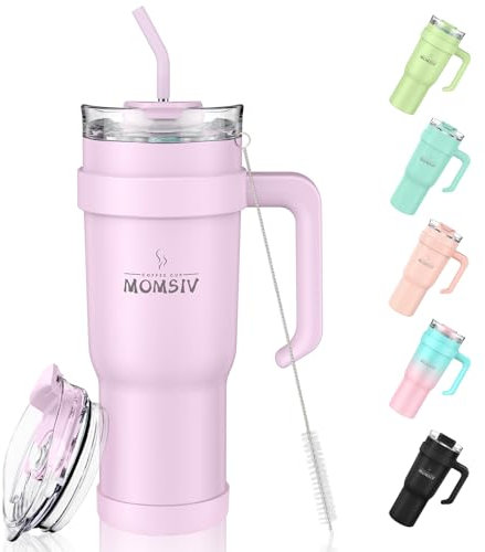 MOMSIV 40oz Thermobecher mit Stroh und Griff, 1100ml Spülmaschinenfest Kaffeebecher, Doppelwandiger Edelstahl Vakuum Auslaufsicher Isolierbecher Autobecher für Kalte Heiße Getränke, Hellrosa
