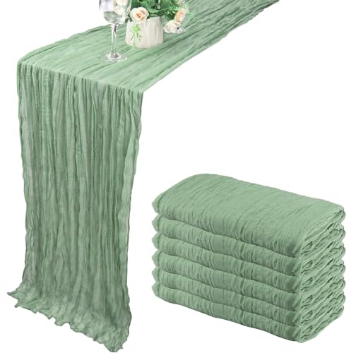 YAOYIN Chemin de Table Vert Sauge, 6 Pièces 90*300cm Décoration de Table de Mariage Nappe, Tissu de Gaze Rustique Lavable, Chemin de Table Boho, pour Decoration Mariage EVJF, Decoration Anniversaire